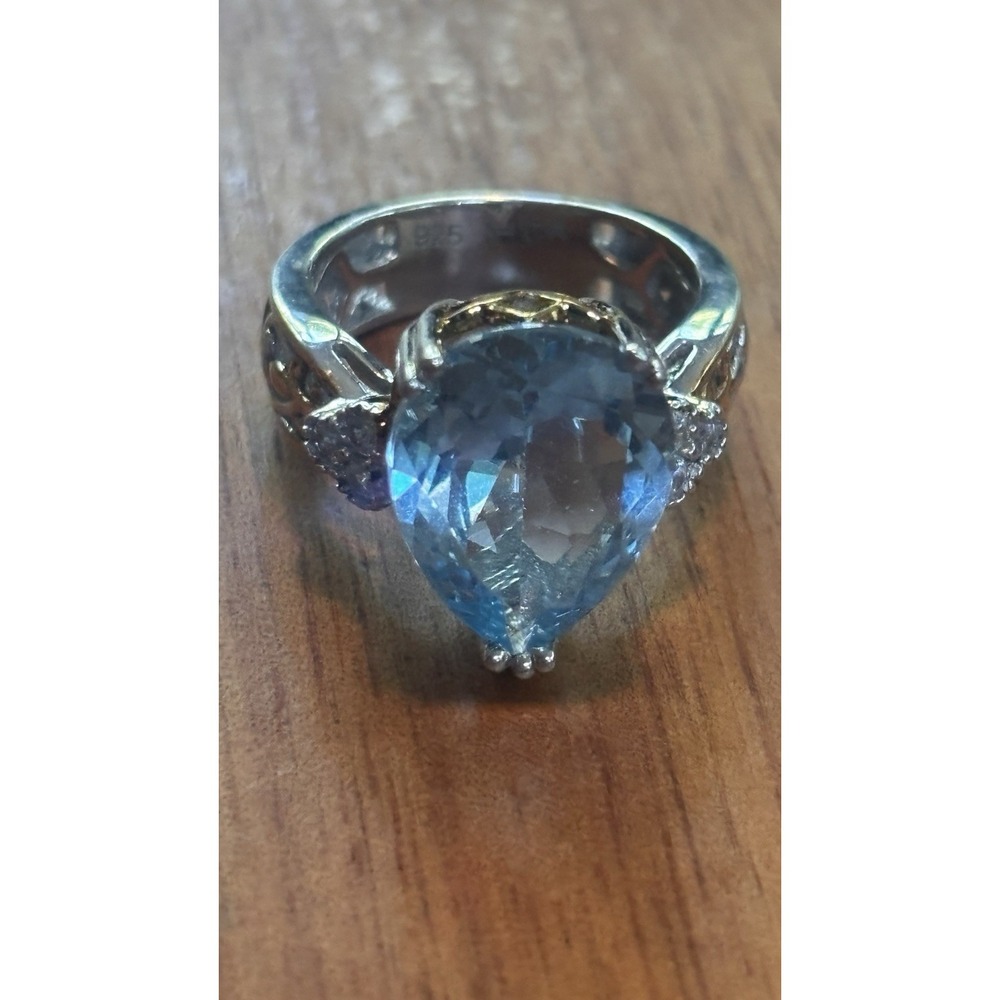 Gems en Vogue Sterling Silver Swiss Blue Topaz Pear Cut Ring Size 7
